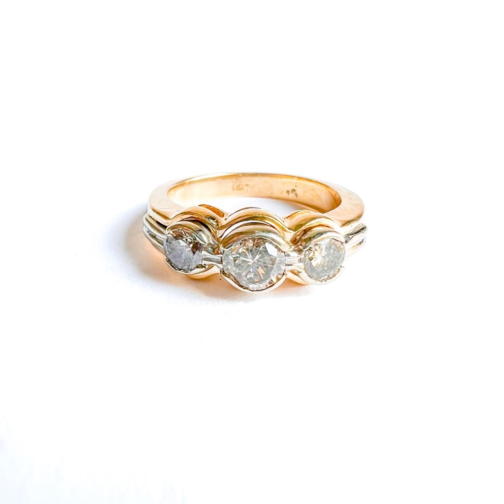 14K Yellow Gold Three Champagne Diamond Vintage Band Ring - Picture 4 of 12